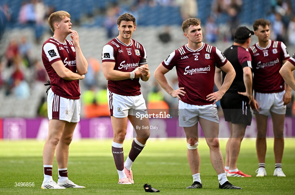 28 June 2026; Shane Walsh of Galway, centre, and teammates after their side's defeat in the GAA Football All-Ireland Senior Championship quarter-final match between Dublin and Galway at Croke Park in Dublin. Photo by Seb Daly/Sportsfile