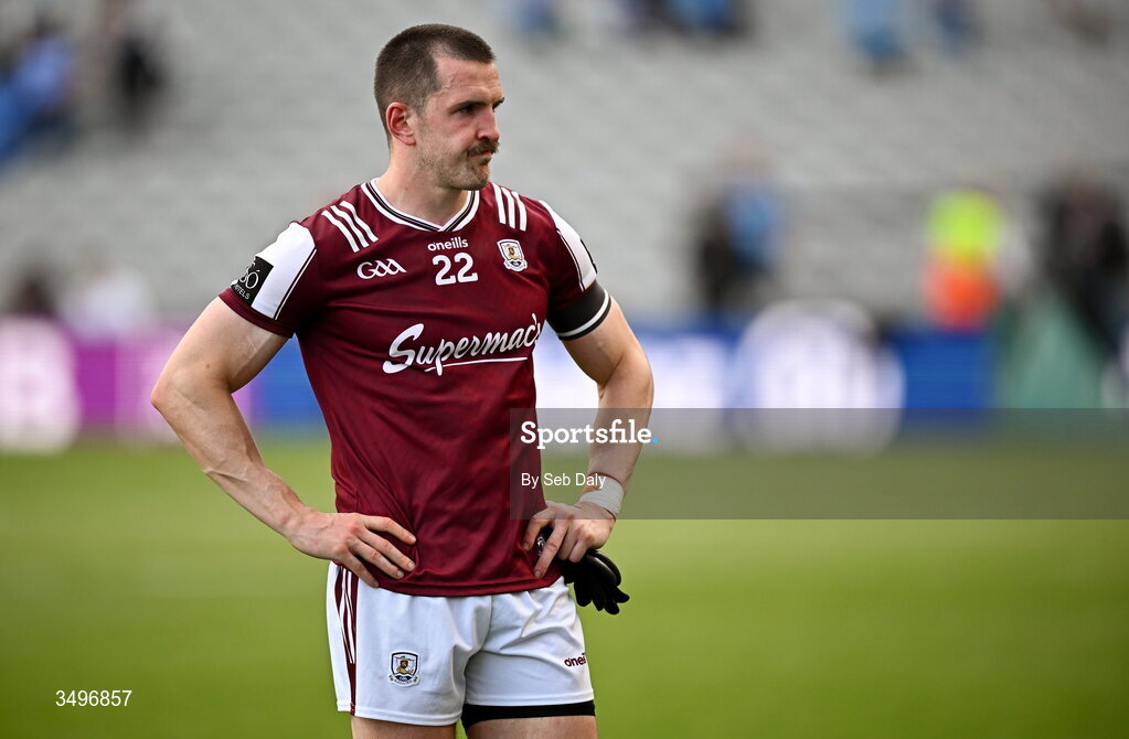 28 June 2026; Cein Darcy of Galway after his side's defeat in the GAA Football All-Ireland Senior Championship quarter-final match between Dublin and Galway at Croke Park in Dublin. Photo by Seb Daly/Sportsfile