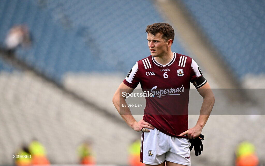 28 June 2026; John Daly of Galway after his side's defeat in the GAA Football All-Ireland Senior Championship quarter-final match between Dublin and Galway at Croke Park in Dublin. Photo by Seb Daly/Sportsfile