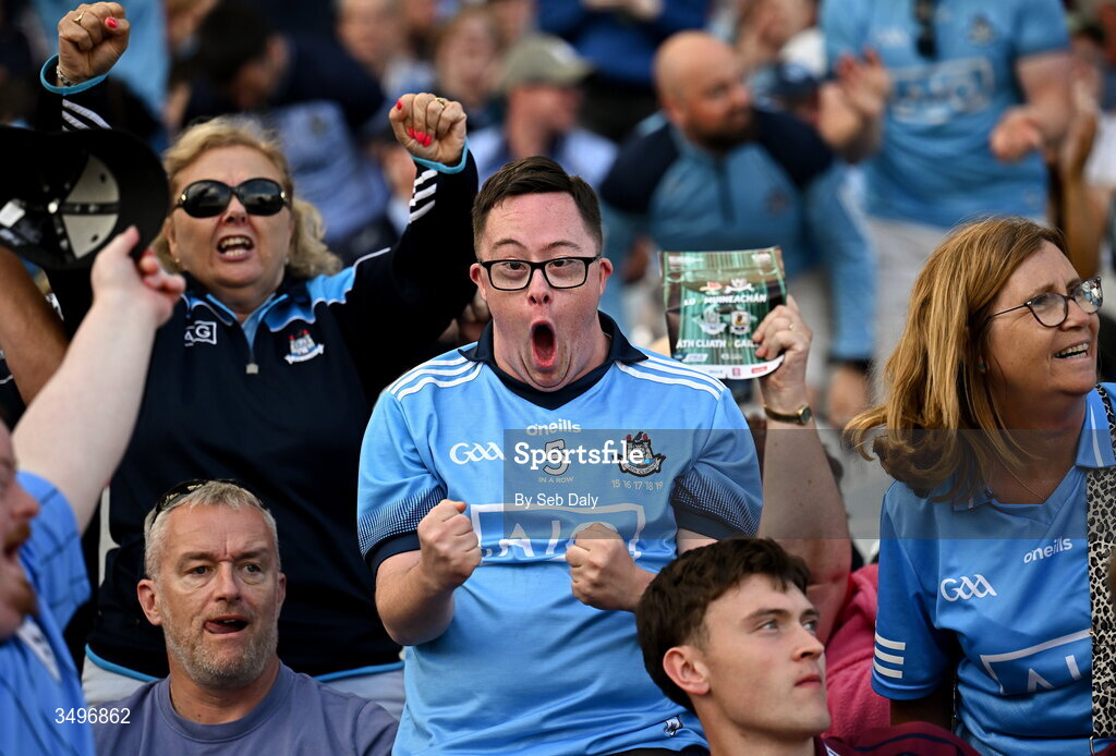28 June 2026; Dublin supporters celebrate during the GAA Football All-Ireland Senior Championship quarter-final match between Dublin and Galway at Croke Park in Dublin. Photo by Seb Daly/Sportsfile