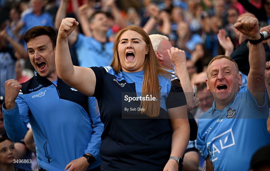 28 June 2026; Dublin supporters celebrate during the GAA Football All-Ireland Senior Championship quarter-final match between Dublin and Galway at Croke Park in Dublin. Photo by Seb Daly/Sportsfile