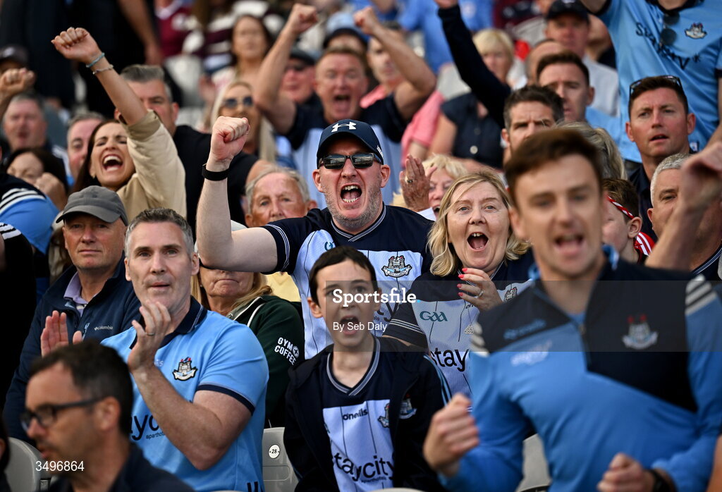 28 June 2026; Dublin supporters celebrate during the GAA Football All-Ireland Senior Championship quarter-final match between Dublin and Galway at Croke Park in Dublin. Photo by Seb Daly/Sportsfile