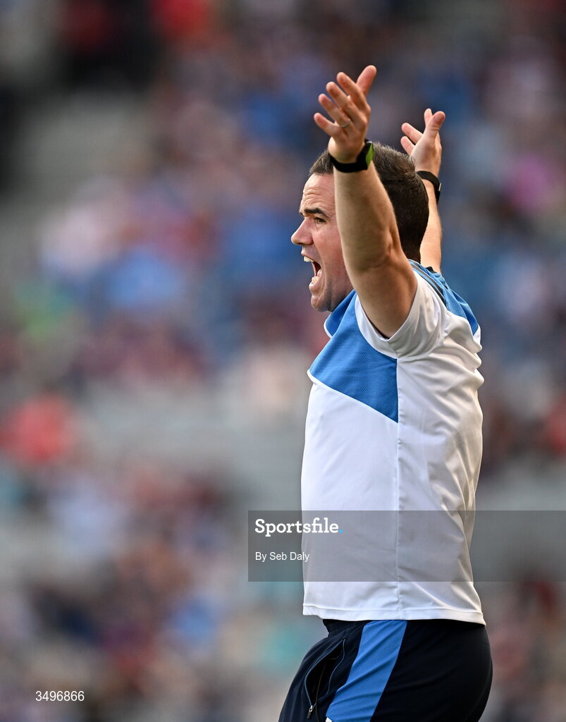 28 June 2026; Dublin manager Ger Brennan reacts during the GAA Football All-Ireland Senior Championship quarter-final match between Dublin and Galway at Croke Park in Dublin. Photo by Seb Daly/Sportsfile