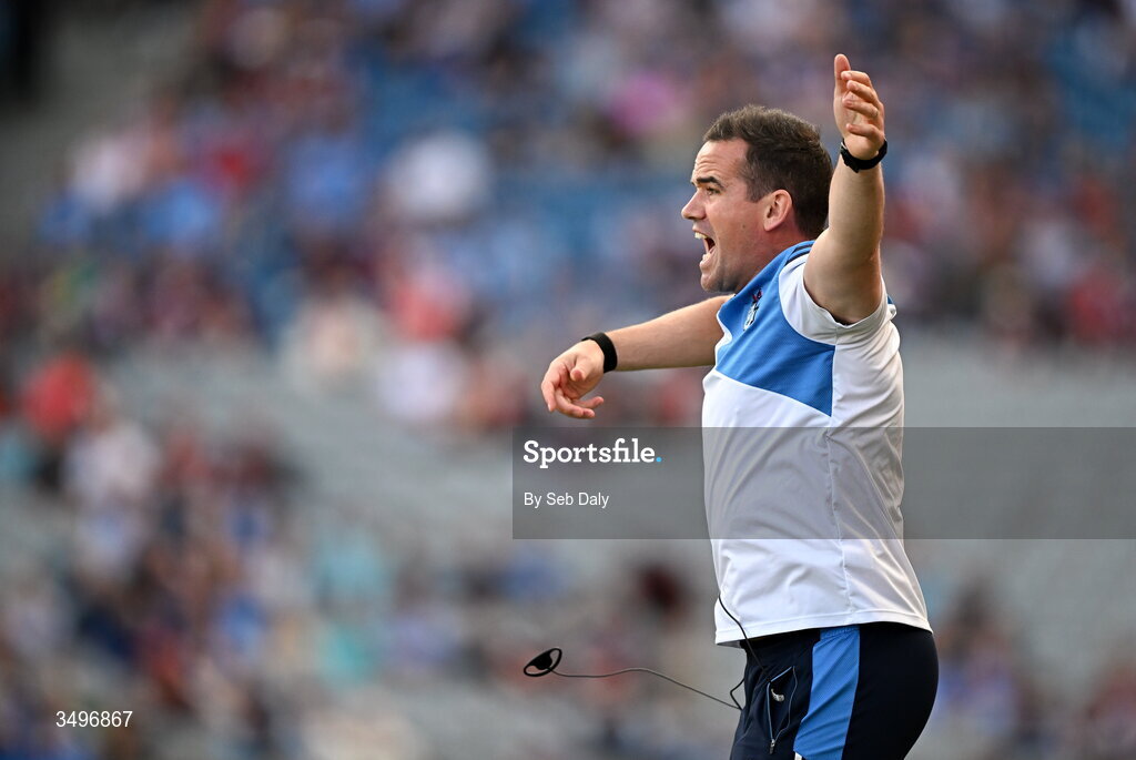 28 June 2026; Dublin manager Ger Brennan reacts during the GAA Football All-Ireland Senior Championship quarter-final match between Dublin and Galway at Croke Park in Dublin. Photo by Seb Daly/Sportsfile