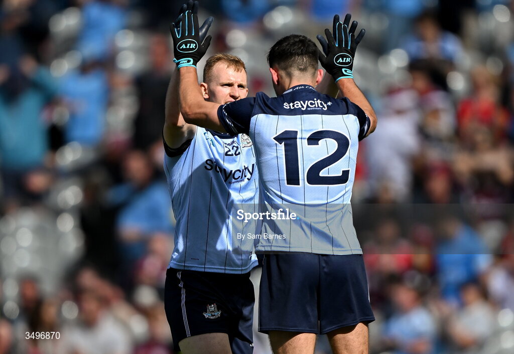 28 June 2026; Josh Bannon of Dublin, left, and teammate Niall Scully celebrate after their side's victory in the GAA Football All-Ireland Senior Championship quarter-final match between Dublin and Galway at Croke Park in Dublin. Photo by Sam Barnes/Sportsfile