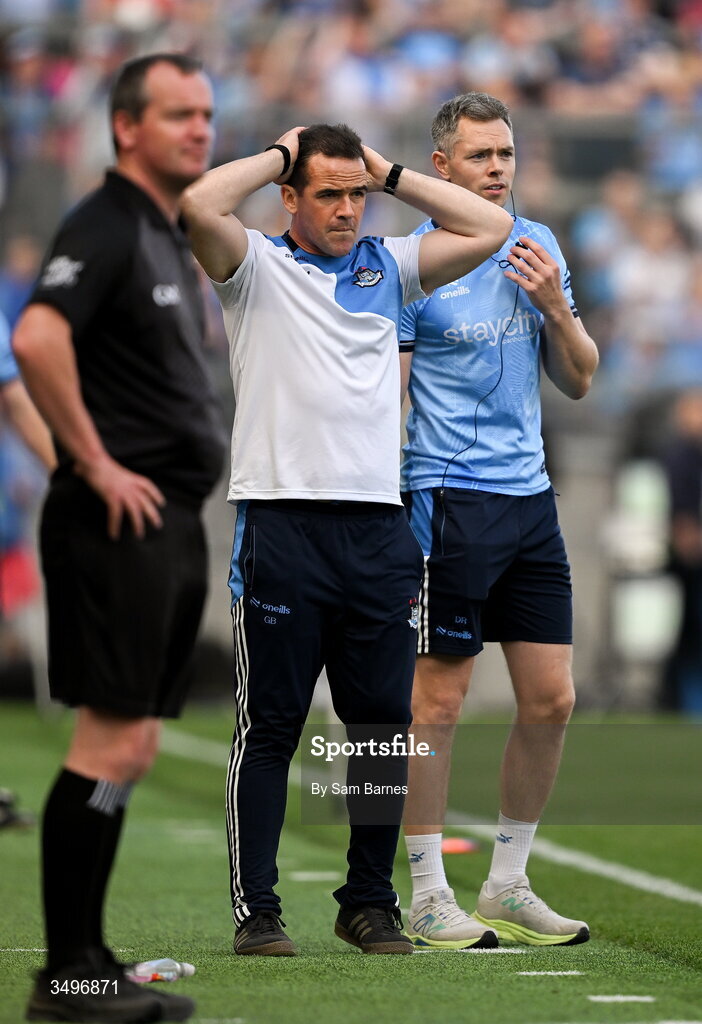 28 June 2026; Dublin manager Ger Brennan, centre, and Dublin selector Dean Rock, right, watch on during the final moments of the GAA Football All-Ireland Senior Championship quarter-final match between Dublin and Galway at Croke Park in Dublin. Photo by Sam Barnes/Sportsfile