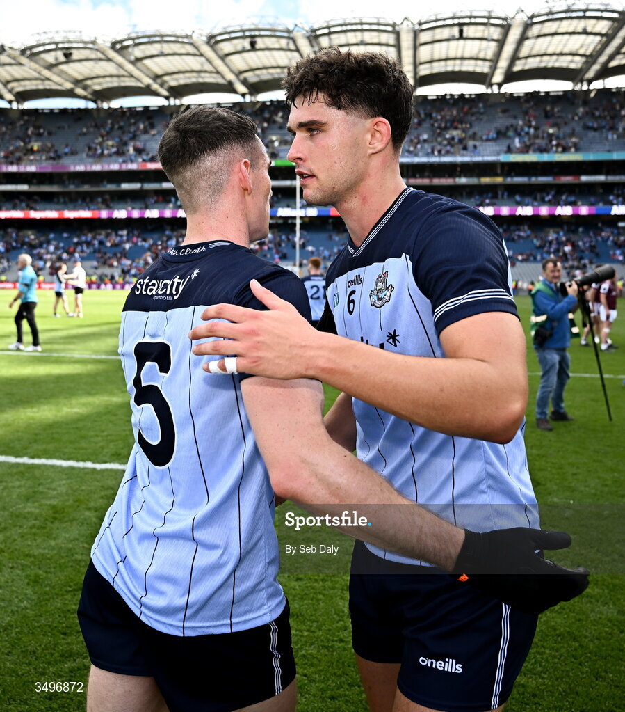 28 June 2026; Dublin players Theo Clancy, right, and Lee Gannon after their side's victory in the GAA Football All-Ireland Senior Championship quarter-final match between Dublin and Galway at Croke Park in Dublin. Photo by Seb Daly/Sportsfile