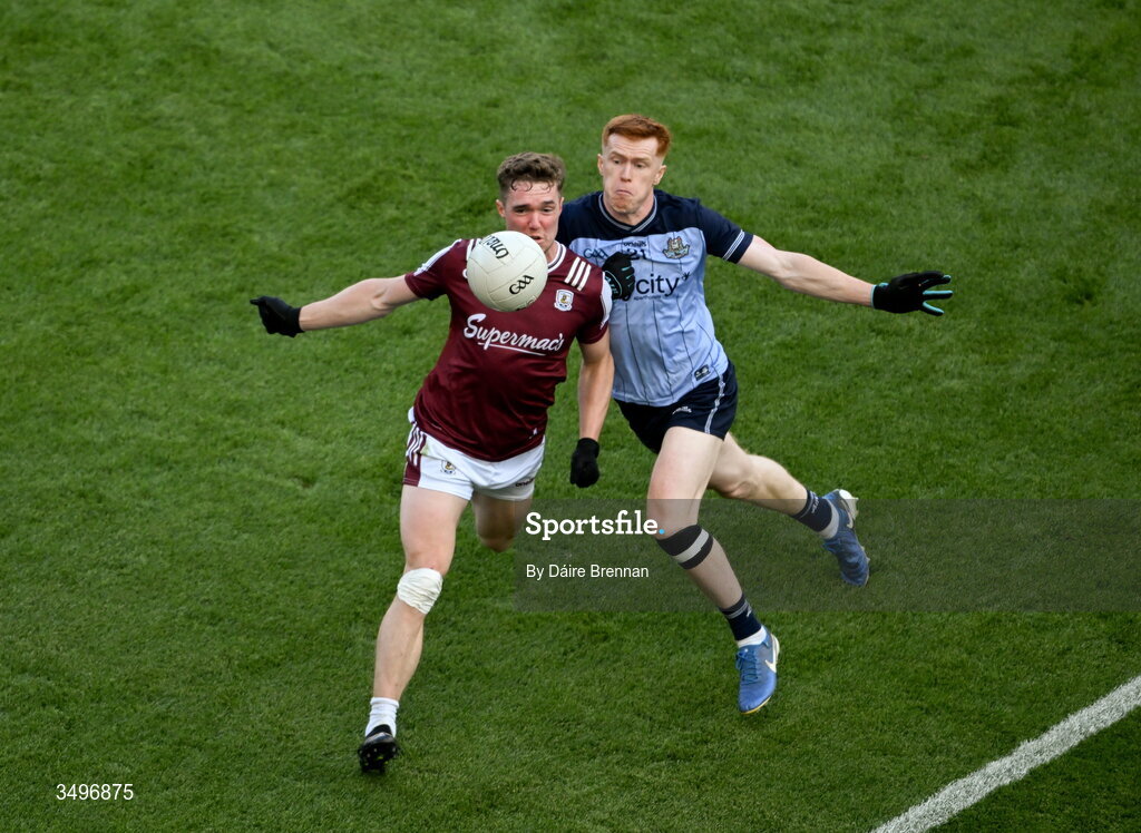 28 June 2026; Jack Glynn of Galway in action against Seán Guiden of Dublin during the GAA Football All-Ireland Senior Championship quarter-final match between Dublin and Galway at Croke Park in Dublin. Photo by Daire Brennan/Sportsfile