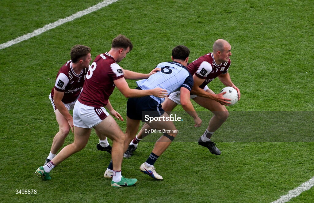 28 June 2026; John Maher of Galway in action against Theo Clancy of Dublin during the GAA Football All-Ireland Senior Championship quarter-final match between Dublin and Galway at Croke Park in Dublin. Photo by Daire Brennan/Sportsfile