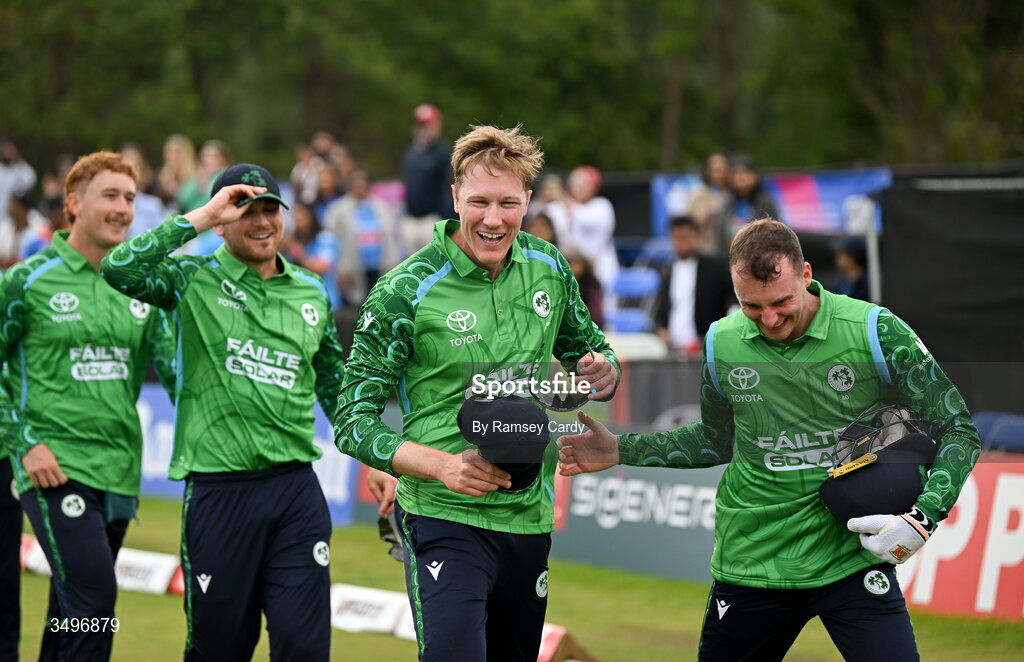28 June 2026; Harry Tector, left, and Lorcan Tucker of Ireland celebrate after match two of the Spinny Cup Men's T20 International series between Ireland and India at Stormont in Belfast.  Photo by Ramsey Cardy/Sportsfile