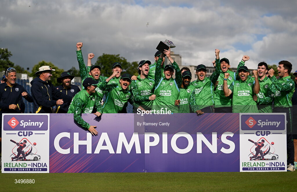 28 June 2026; The Ireland team celebrate after their series victory in the Spinny Cup Men's T20 International series between Ireland and India at Stormont in Belfast. Photo by Ramsey Cardy/Sportsfile