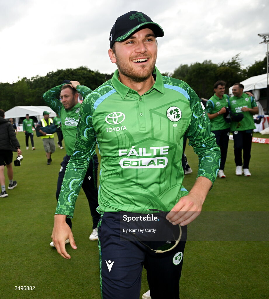 28 June 2026; Tim Tector of Ireland celebrates after match two of the Spinny Cup Men's T20 International series between Ireland and India at Stormont in Belfast. Photo by Ramsey Cardy/Sportsfile