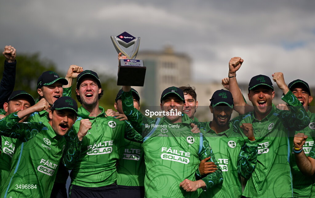 28 June 2026; Ireland captain Lorcan Tucker lifts the trophy after their series victory in the Spinny Cup Men's T20 International series between Ireland and India at Stormont in Belfast. Photo by Ramsey Cardy/Sportsfile