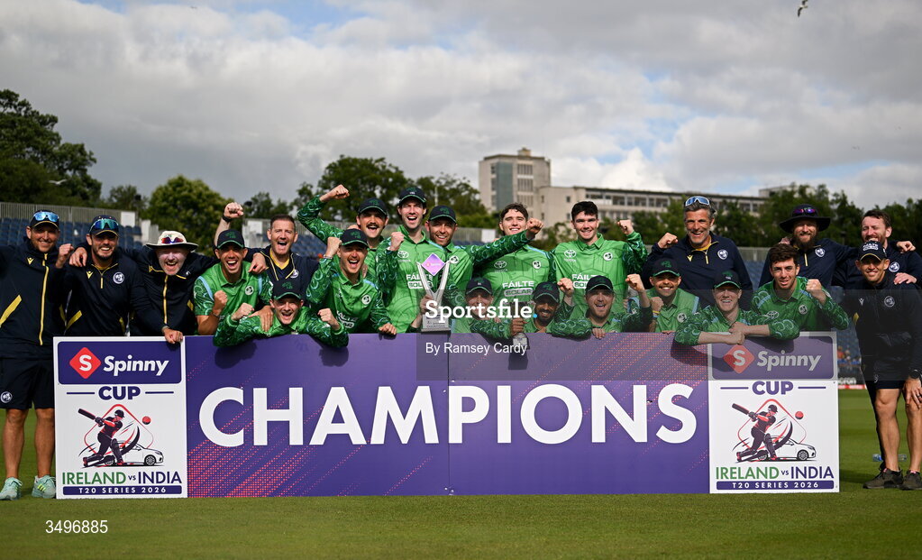28 June 2026; The Ireland team celebrate after their series victory in the Spinny Cup Men's T20 International series between Ireland and India at Stormont in Belfast. Photo by Ramsey Cardy/Sportsfile