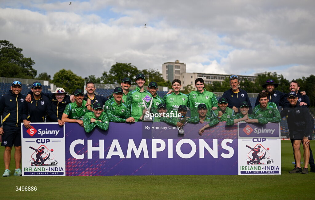 28 June 2026; The Ireland team celebrate after their series victory in the Spinny Cup Men's T20 International series between Ireland and India at Stormont in Belfast. Photo by Ramsey Cardy/Sportsfile