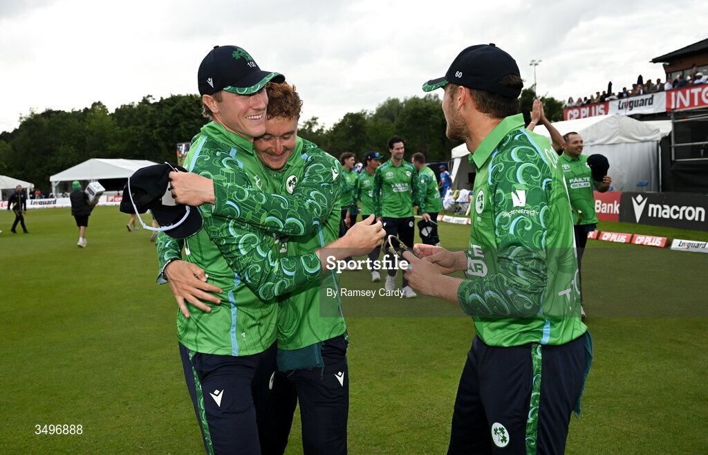 28 June 2026; Harry Tector and Ben Calitz of Ireland celebrate after match two of the Spinny Cup Men's T20 International series between Ireland and India at Stormont in Belfast. Photo by Ramsey Cardy/Sportsfile