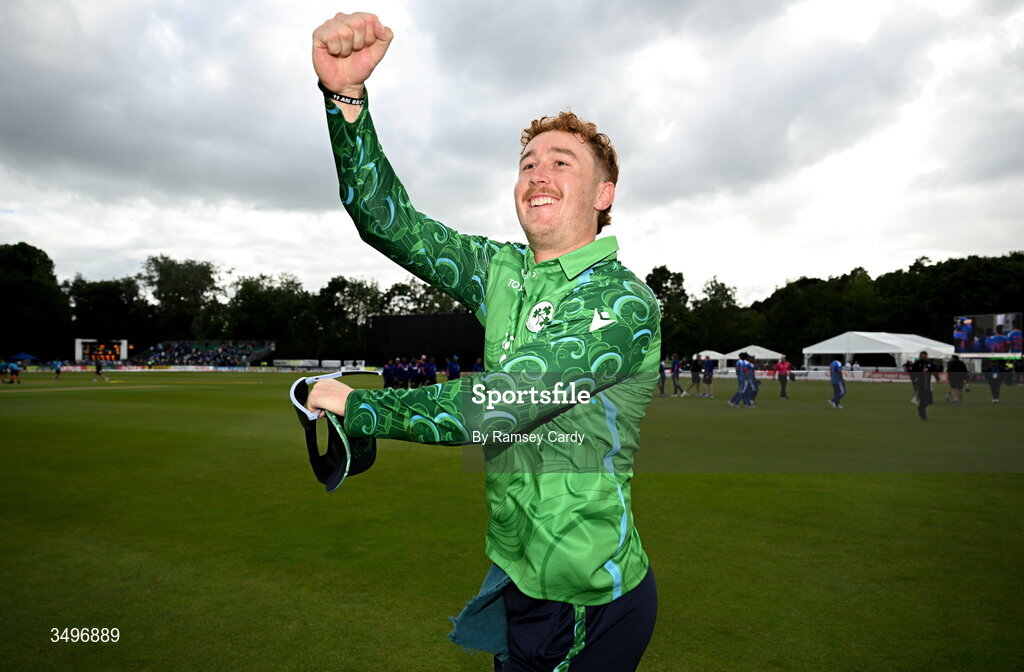 28 June 2026; Ben Calitz of Ireland celebrates after match two of the Spinny Cup Men's T20 International series between Ireland and India at Stormont in Belfast. Photo by Ramsey Cardy/Sportsfile