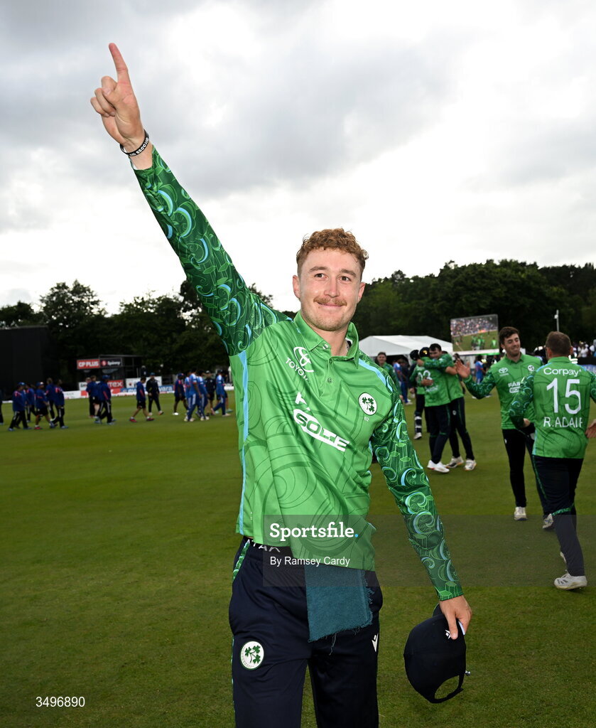 28 June 2026; Ben Calitz of Ireland celebrates after match two of the Spinny Cup Men's T20 International series between Ireland and India at Stormont in Belfast. Photo by Ramsey Cardy/Sportsfile