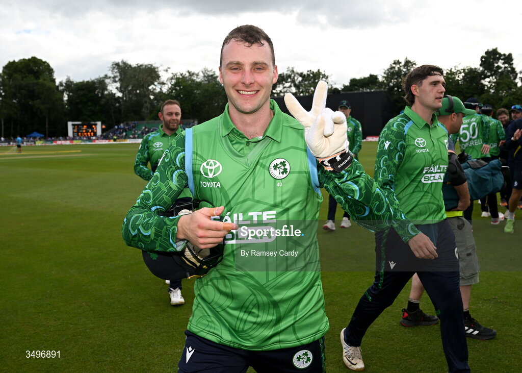 28 June 2026; Ireland captain Lorcan Tucker celebrates after match two of the Spinny Cup Men's T20 International series between Ireland and India at Stormont in Belfast. Photo by Ramsey Cardy/Sportsfile