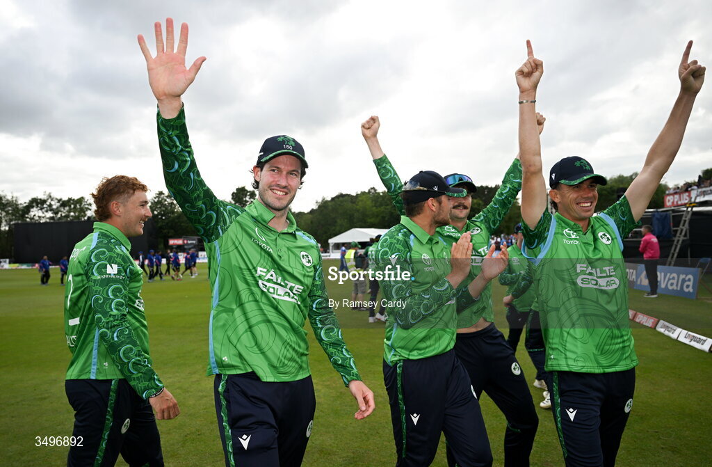 28 June 2026; George Dockrell of Ireland celebrates after match two of the Spinny Cup Men's T20 International series between Ireland and India at Stormont in Belfast. Photo by Ramsey Cardy/Sportsfile