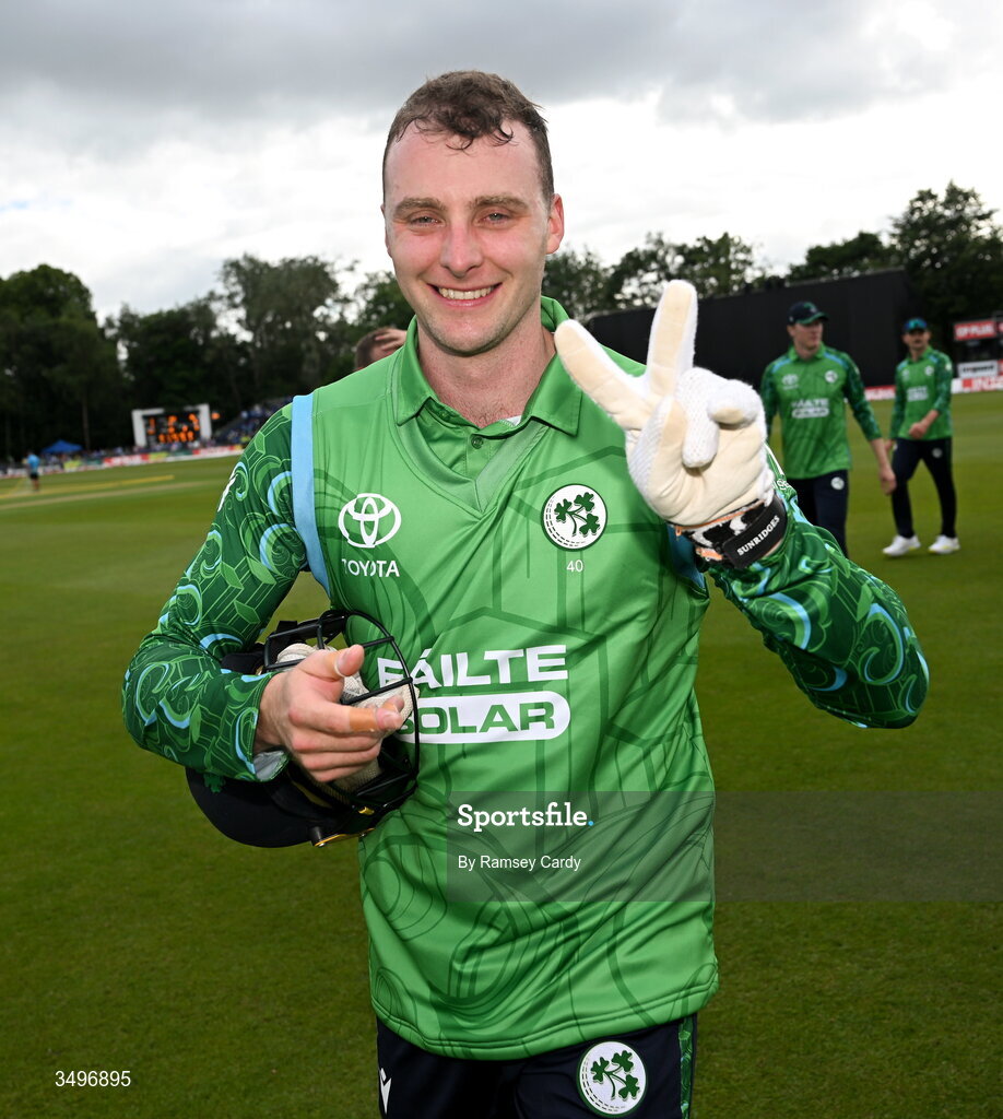 28 June 2026; Ireland captain Lorcan Tucker celebrates after match two of the Spinny Cup Men's T20 International series between Ireland and India at Stormont in Belfast. Photo by Ramsey Cardy/Sportsfile