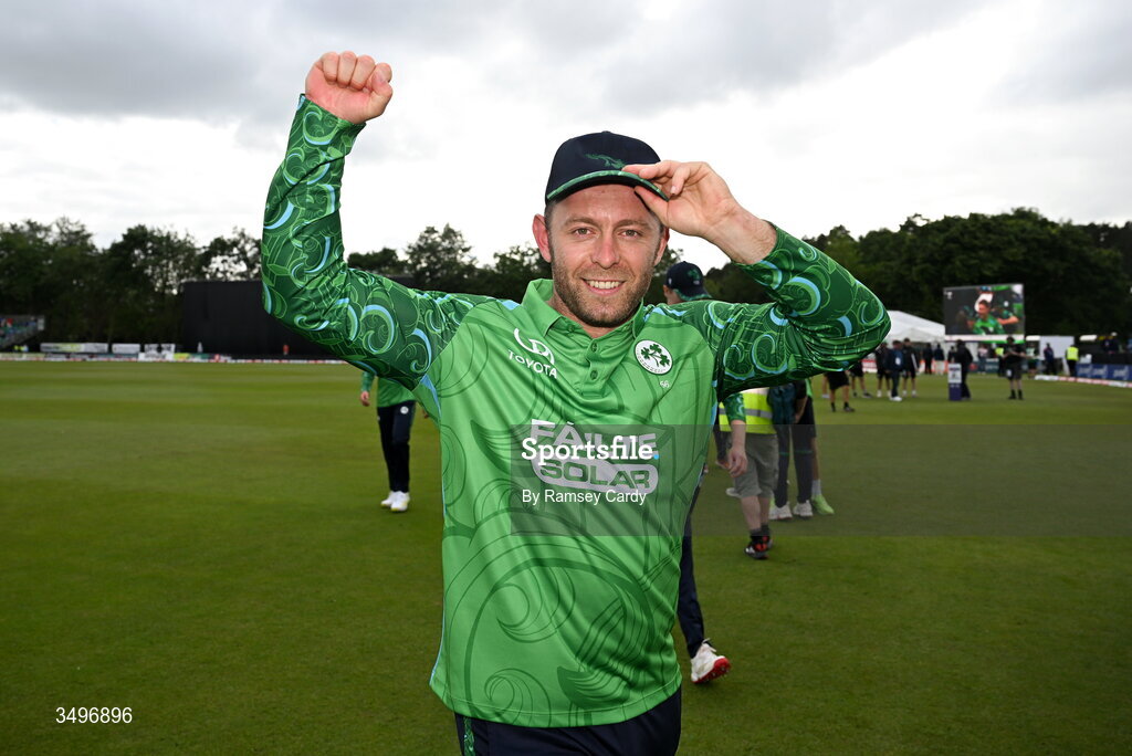 28 June 2026; Ross Adair of Ireland celebrates after match two of the Spinny Cup Men's T20 International series between Ireland and India at Stormont in Belfast. Photo by Ramsey Cardy/Sportsfile