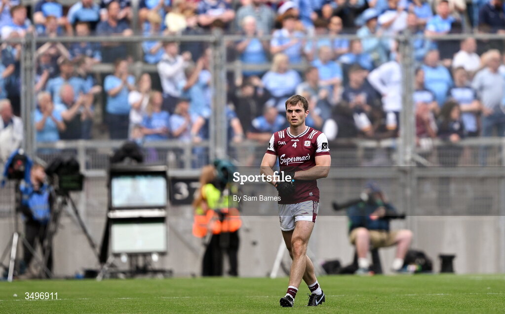28 June 2026; Liam Silke of Galway leaves the field after being shown a black card during the GAA Football All-Ireland Senior Championship quarter-final match between Dublin and Galway at Croke Park in Dublin. Photo by Sam Barnes/Sportsfile