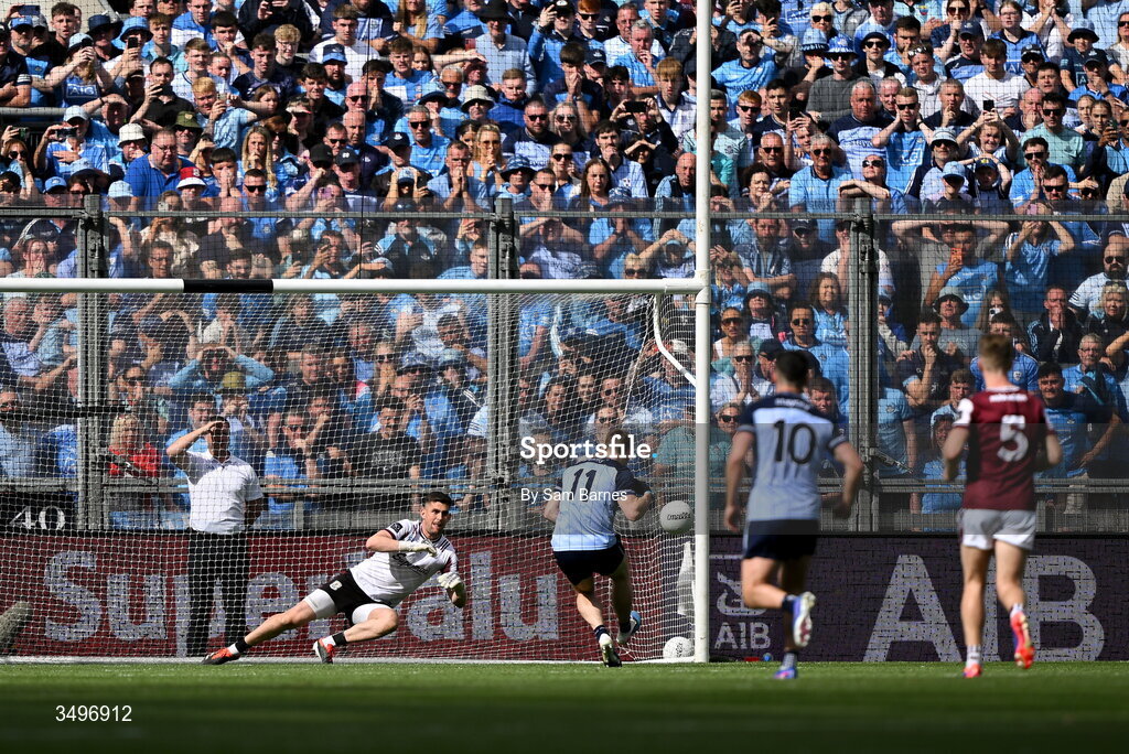 28 June 2026; Con O'Callaghan of Dublin scores his side's first goal, a penalty, despite the efforts of Galway goalkeeper Connor Gleeson during the GAA Football All-Ireland Senior Championship quarter-final match between Dublin and Galway at Croke Park in Dublin. Photo by Sam Barnes/Sportsfile