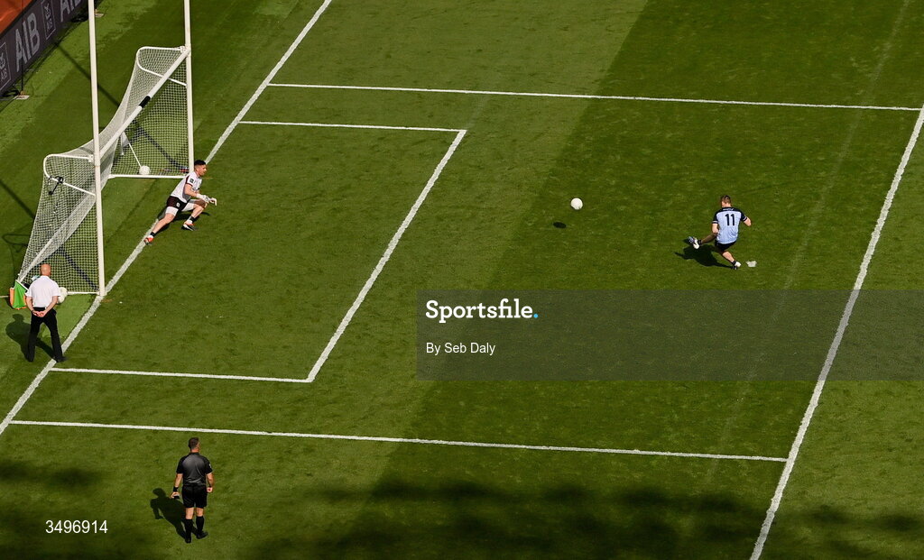 28 June 2026; Con O'Callaghan of Dublin scores his side's first goal, from a penalty, past Galway goalkeeper Connor Gleeson, during the GAA Football All-Ireland Senior Championship quarter-final match between Dublin and Galway at Croke Park in Dublin. Photo by Seb Daly/Sportsfile