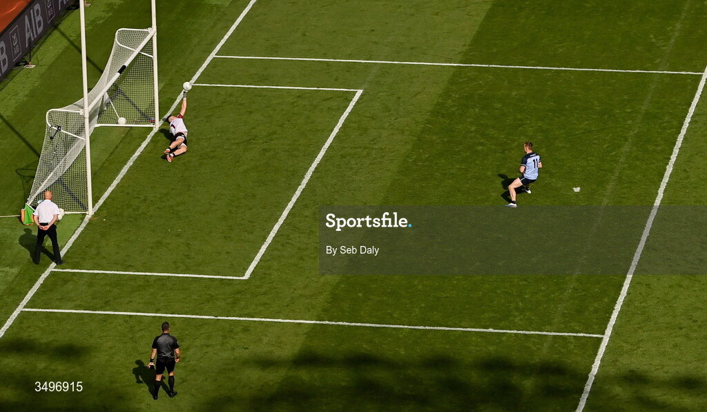 28 June 2026; Galway goalkeeper Connor Gleeson fails to stop a penalty from Dublin's Con O'Callaghan during the GAA Football All-Ireland Senior Championship quarter-final match between Dublin and Galway at Croke Park in Dublin. Photo by Seb Daly/Sportsfile
