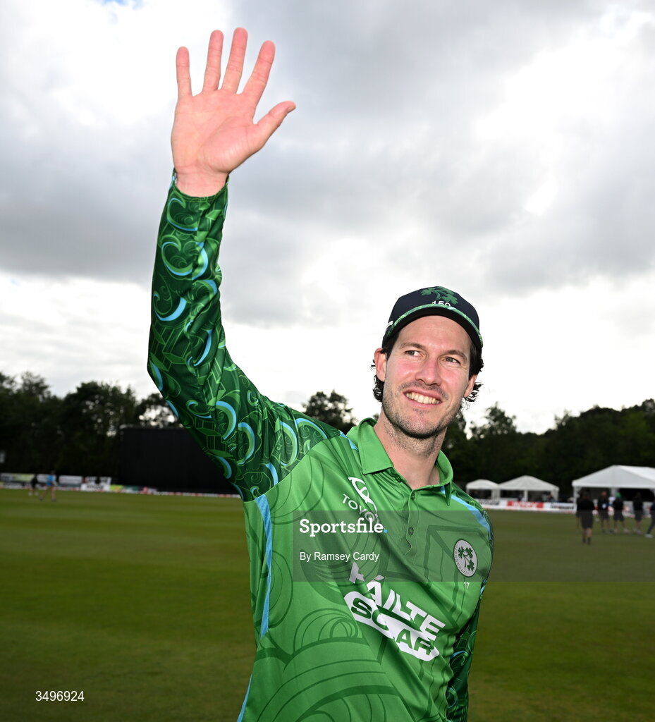 28 June 2026; George Dockrell of Ireland celebrates after match two of the Spinny Cup Men's T20 International series between Ireland and India at Stormont in Belfast. Photo by Ramsey Cardy/Sportsfile