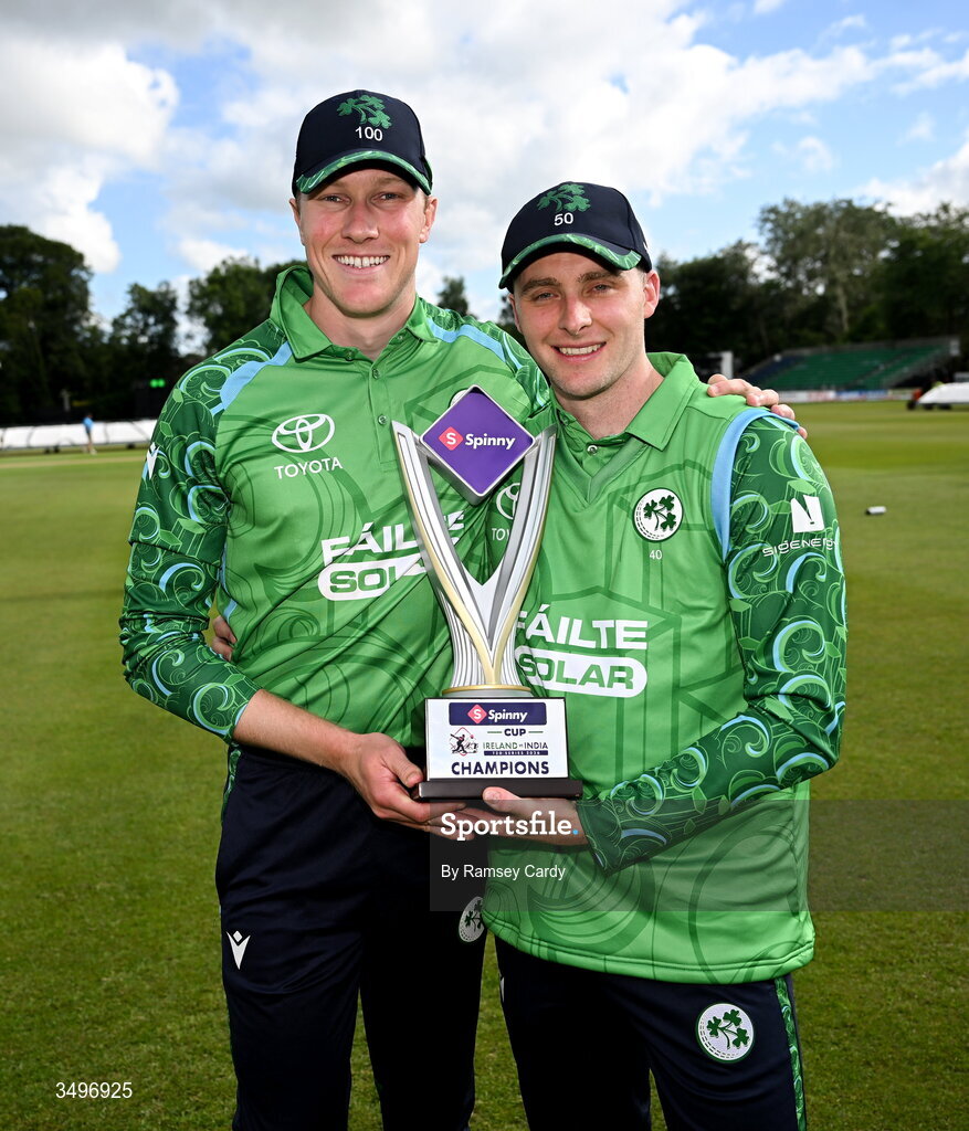 28 June 2026; Harry Tector, left, and Lorcan Tucker of Ireland with the trophy after match two of the Spinny Cup Men's T20 International series between Ireland and India at Stormont in Belfast. Photo by Ramsey Cardy/Sportsfile