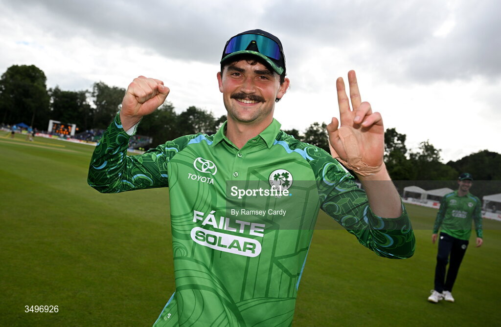 28 June 2026; Matthew Humphreys of Ireland celebrates after match two of the Spinny Cup Men's T20 International series between Ireland and India at Stormont in Belfast. Photo by Ramsey Cardy/Sportsfile