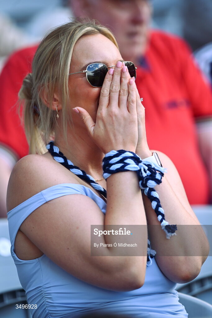28 June 2026; A Dublin supporter during the GAA Football All-Ireland Senior Championship quarter-final match between Dublin and Galway at Croke Park in Dublin. Photo by Piaras Ó Mídheach/Sportsfile
