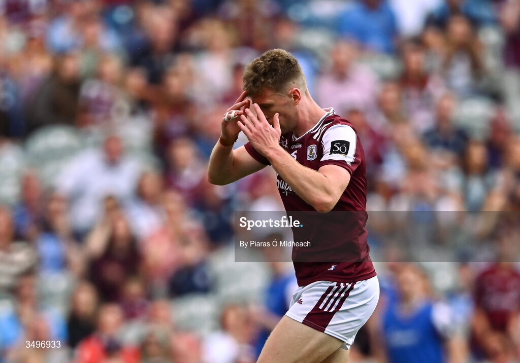 28 June 2026; Dylan McHugh of Galway reacts after a missed goal chance during the GAA Football All-Ireland Senior Championship quarter-final match between Dublin and Galway at Croke Park in Dublin. Photo by Piaras Ó Mídheach/Sportsfile