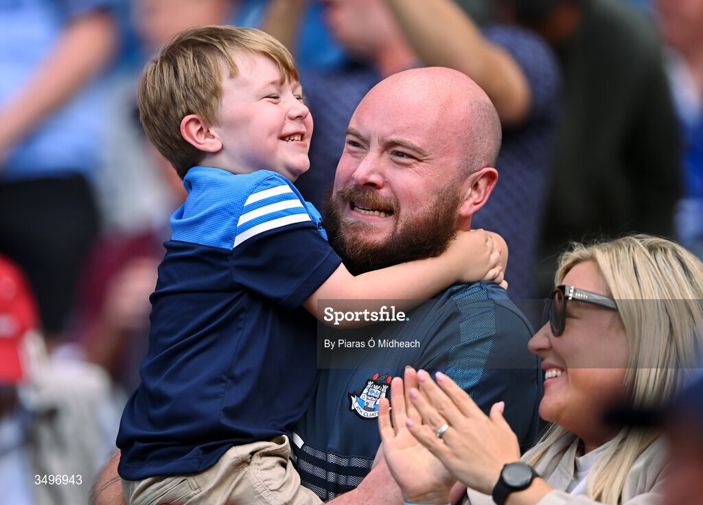 28 June 2026; Dublin supporters celebrate after their side's victory in the GAA Football All-Ireland Senior Championship quarter-final match between Dublin and Galway at Croke Park in Dublin. Photo by Piaras Ó Mídheach/Sportsfile