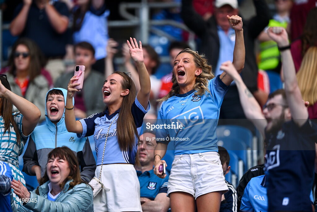 28 June 2026; Dublin supporters celebrate after their side's victory in the GAA Football All-Ireland Senior Championship quarter-final match between Dublin and Galway at Croke Park in Dublin. Photo by Piaras Ó Mídheach/Sportsfile