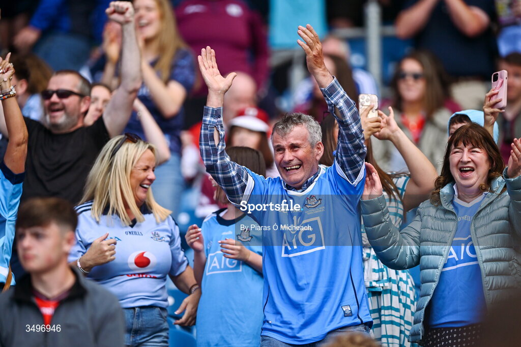 28 June 2026; Dublin supporters celebrate after their side's victory in the GAA Football All-Ireland Senior Championship quarter-final match between Dublin and Galway at Croke Park in Dublin. Photo by Piaras Ó Mídheach/Sportsfile