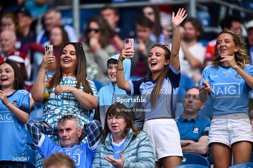 28 June 2026; Dublin supporters celebrate after their side's victory in the GAA Football All-Ireland Senior Championship quarter-final match between Dublin and Galway at Croke Park in Dublin. Photo by Piaras Ó Mídheach/Sportsfile
