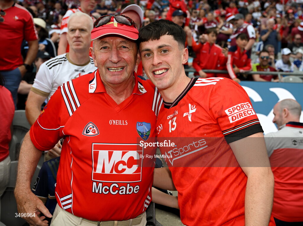 28 June 2026; Kieran McArdle of Louth with his uncle Benny McArdle, from Dundalk, after the GAA Football All-Ireland Senior Championship quarter-final match between Louth and Monaghan at Croke Park in Dublin. Photo by Ray McManus/Sportsfile