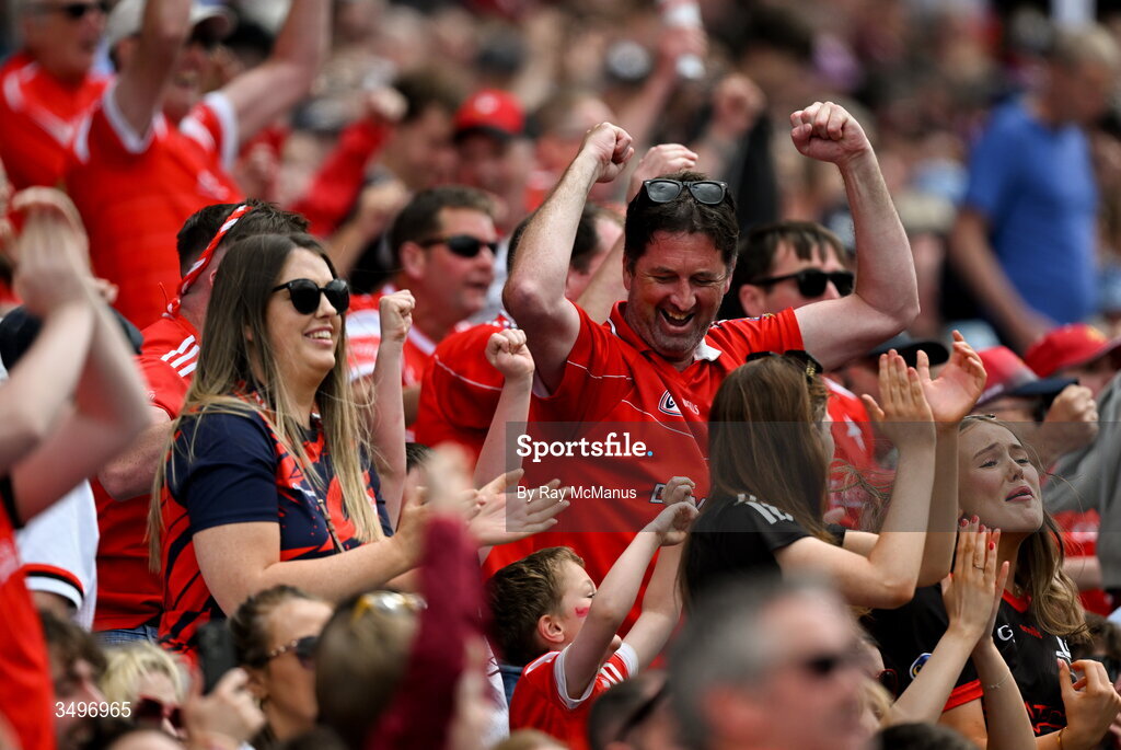 28 June 2026; Louth supporters, in the Cusack Stand, celebrate a score during the GAA Football All-Ireland Senior Championship quarter-final match between Louth and Monaghan at Croke Park in Dublin. Photo by Ray McManus/Sportsfile