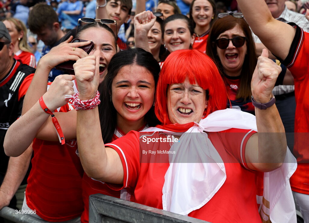 28 June 2026; Louth supporters, in the Cusack Stand, celebrate after the GAA Football All-Ireland Senior Championship quarter-final match between Louth and Monaghan at Croke Park in Dublin. Photo by Ray McManus/Sportsfile