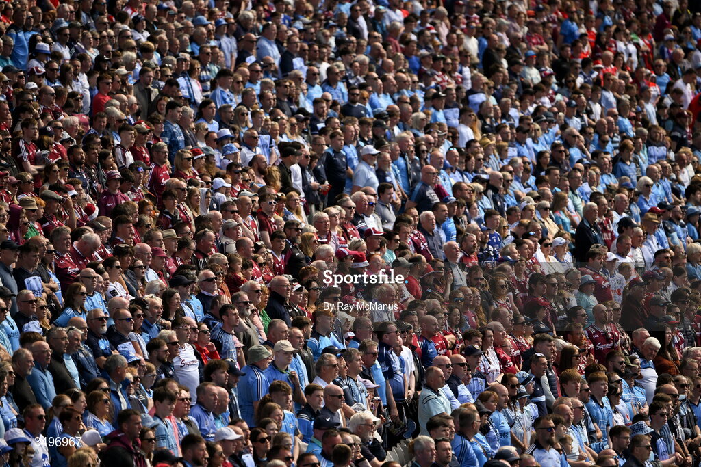 28 June 2026; Dublin and Galway supporters, in the Cusack Stand, stand for the National Anthem, Amhrán na bhFiann, before the GAA Football All-Ireland Senior Championship quarter-final match between Dublin and Galway at Croke Park in Dublin. Photo by Ray McManus/Sportsfile