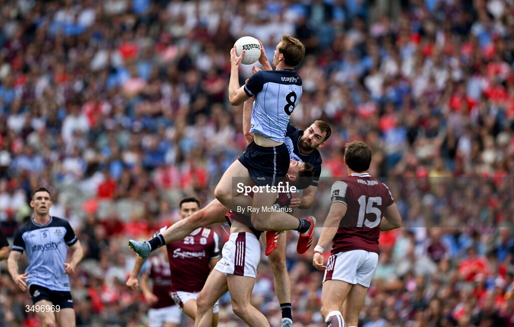 28 June 2026;  Peadar Ó Cofaigh Byrne of Dublin goes highest to win possession during the GAA Football All-Ireland Senior Championship quarter-final match between Dublin and Galway at Croke Park in Dublin. Photo by Ray McManus/Sportsfile