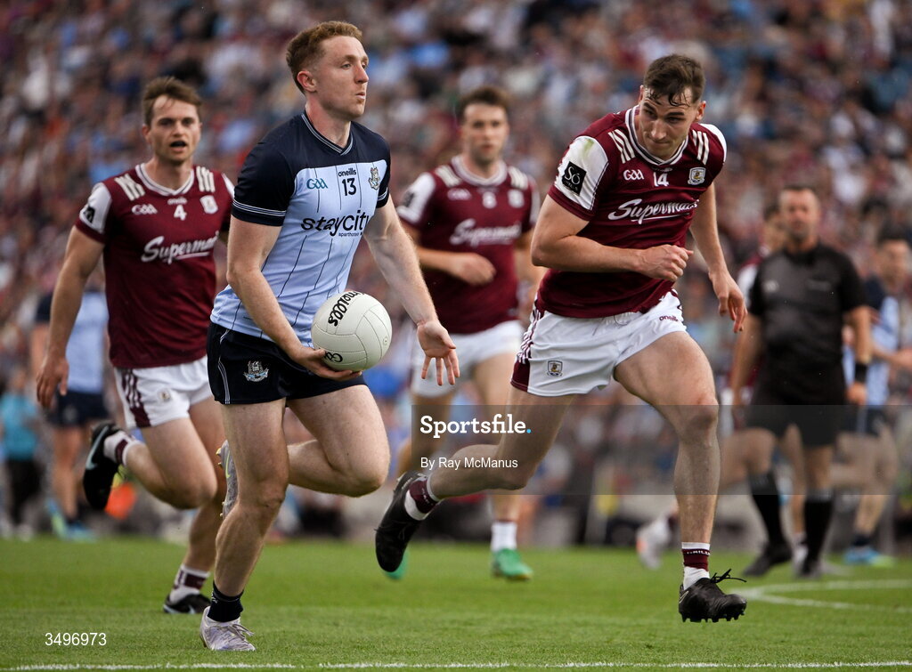28 June 2026; Paddy Small of Dublin is tackled by Matthew Tierney of Galway during the GAA Football All-Ireland Senior Championship quarter-final match between Dublin and Galway at Croke Park in Dublin. Photo by Ray McManus/Sportsfile
