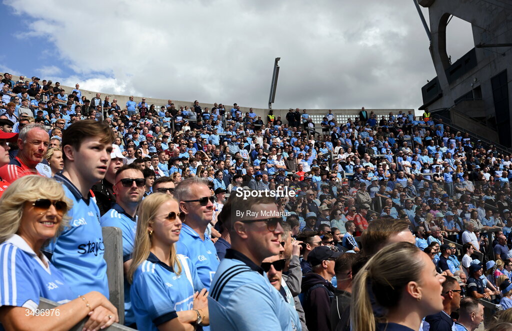 28 June 2026; Dublin supporters, on Hill 16, stand for the National Anthem, Amhrán na bhFiann, before the GAA Football All-Ireland Senior Championship quarter-final match between Dublin and Galway at Croke Park in Dublin. Photo by Ray McManus/Sportsfile