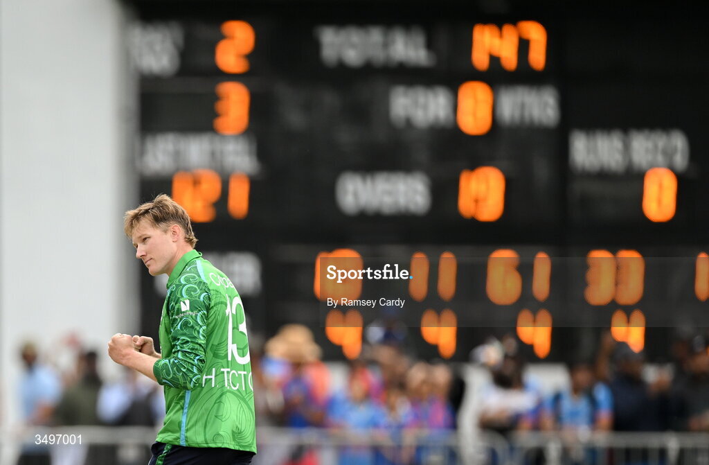 28 June 2026; Harry Tector of Ireland celebrates taking the wicket of Harshit Rana of India during match two of the Spinny Cup Men's T20 International series between Ireland and India at Stormont in Belfast. Photo by Ramsey Cardy/Sportsfile