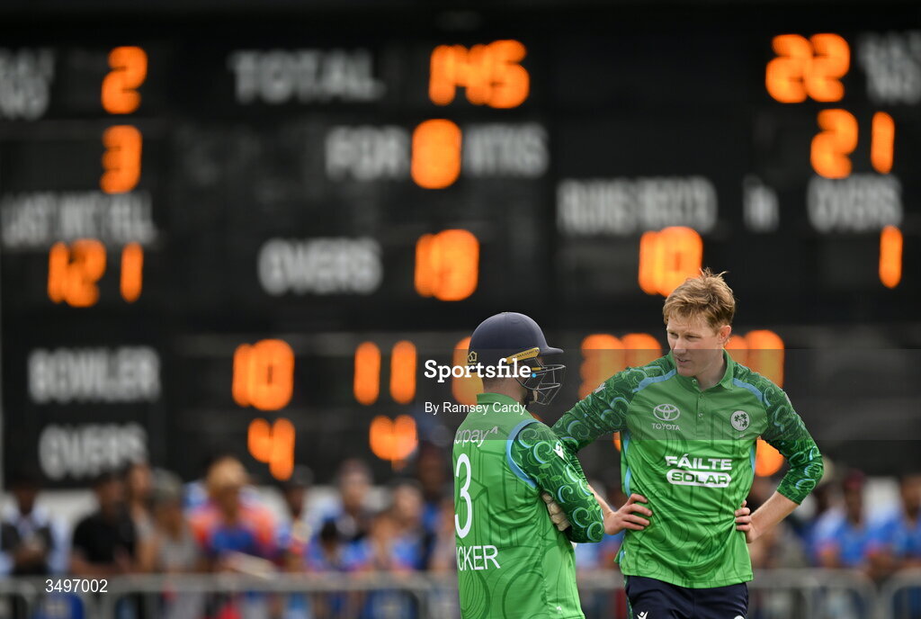 28 June 2026; Harry Tector, right, and Lorcan Tucker of Ireland during match two of the Spinny Cup Men's T20 International series between Ireland and India at Stormont in Belfast. Photo by Ramsey Cardy/Sportsfile