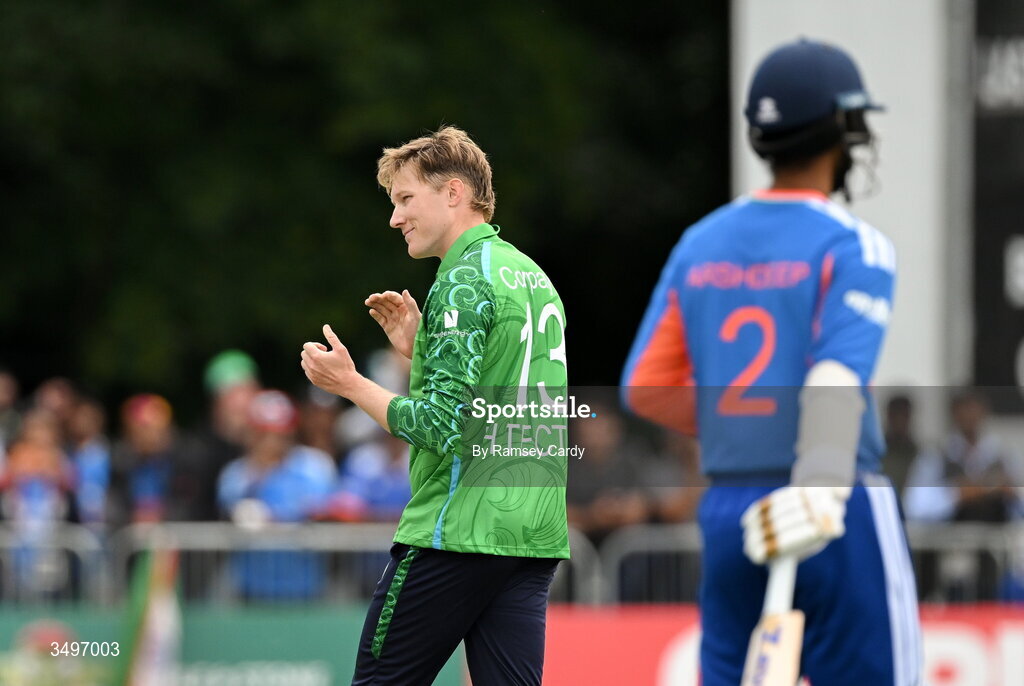 28 June 2026; Harry Tector of Ireland celebrates taking the wicket of Harshit Rana of India during match two of the Spinny Cup Men's T20 International series between Ireland and India at Stormont in Belfast. Photo by Ramsey Cardy/Sportsfile