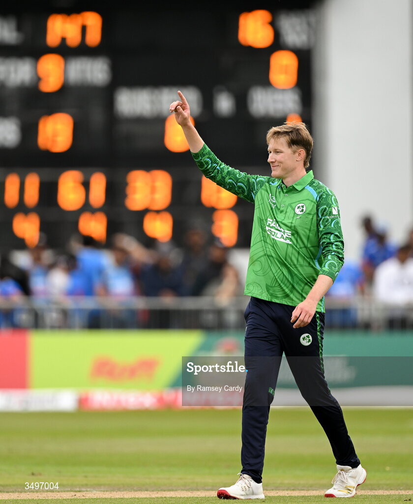 28 June 2026; Harry Tector of Ireland celebrates after match two of the Spinny Cup Men's T20 International series between Ireland and India at Stormont in Belfast. Photo by Ramsey Cardy/Sportsfile